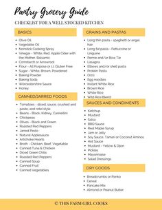 the pantry grocery guide is shown in yellow and white