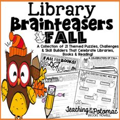 the library brainteazers fall book with an owl holding a pencil