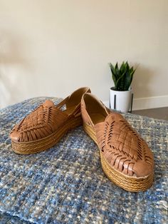 These huaraches were inspired by the classic Huaraches Mexicanos and espadrilles that I grew up with. These huarache shoes are made from 100% quality leather. The espadrille is 1 1/4 inches tall. Espadrille is made of rubber, not fabric. Full sizes only. They do run a little bigger so I would go half a size down if possible. If not, a heel gripper should do the trick. Price includes the $11 shipping fee. Example: I'm a 6.5 but wear a size 6 in these. If you have questions about sizing, please se Natural Woven Leather Huaraches For Spring, Spring Natural Woven Leather Huaraches, Slip-on Huaraches With Rubber Sole For Vacation, Spring Brown Woven Leather Huaraches, Casual Huarache Sandals With Woven Sole For Vacation, Brown Huarache Sandals With Woven Sole For Spring, Casual Open Toe Huarache Sandals With Woven Sole, Beach Huarache Sandals With Textured Sole, Closed Toe Huarache Sandals With Textured Sole For Beach