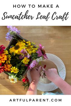 someone is making a sunflower leaf craft with paper plates and flowers on the table