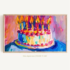 a painting of a birthday cake with lit candles on it, in front of a white wall