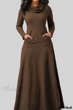 OliviaMark - Burgunderfarbenes Patchwork-Kleid in A-Linie mit lässigem O-Ausschnitt und Taschen Loose Maxi Dress Casual, Long Dress Plus Size, Solid Maxi Dress, Sukienki Plus Size, Cut Clothes, Cotton Long Dress, Womens Fashion Casual Winter, Loose Maxi Dress, Women Long Sleeve Dress