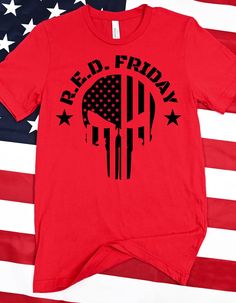 🔶 RED FRIDAY SHIRT 🔶 We wear red on fridays to "Remember Everyone Deployed".  Support our troops by purchasing and wearing this patriotic shirt. 🔷 Our soft, comfy short sleeve T-Shirts are made by BELLA & CANVAS.  They are 100% Airlume combed & Ringspun cotton. Sizing is unisex, adult,  true-to-size. If you want a more fitted look, we suggest sizing down and for a more oversized fit, size up 1-2 sizes of your normal fit.  Another Tip for perfect sizing: Lay your favorite shirt at home flat an Red Friday Shirts, Friday Shirt, Remember Everyone Deployed, Red Friday, Support Our Troops, Patriotic Shirt, Wear Red, Military Family, Patriotic Shirts