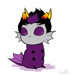 an image of a cartoon character with purple hair and yellow horns on her head, sitting down