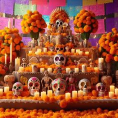 there are many skulls and candles on the table with flowers in front of them that look like dia de los muerts