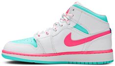 The Air Jordan 1 Mid GS ??Digital Pink?? is the youth sizing of Michael Jordan’s first signature shoe in a bright and vibrant colorway. Appearing on the Jordan 1 Mid . the upper displays smooth white leather on the forefoot . mid-panel . collar . and heel. Eye-pleasing Aurora Green leather can be found on the shoe’s perforated toe and underneath the collar overlay. A hue of pink leather called Digital Pink appears on the Swoosh branding on either side. Additional design elements include white sp White Basketball Shoes With Contrast Sole, White Basketball Shoes With Contrast Sole For Sports, White Jordan Shoes With Contrast Sole For Sports, White Synthetic Jordan Shoes With Rubber Sole, White Mid-top Jordan Shoes For Light Sports, White Jordan Shoes For Light Sports With Rubber Sole, White Jordan Shoes With Rubber Sole For Light Sports, White Jordan Shoes With Contrast Sole, Air Jordan 1 Mid Digital Pink