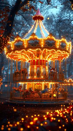 a merry go round in the middle of a park at night with lights on it