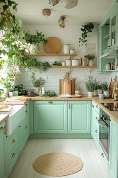 a kitchen filled with lots of green cupboards and counter top space next to a rug