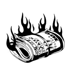 a roll of money with flames coming out of the top and on fire around it