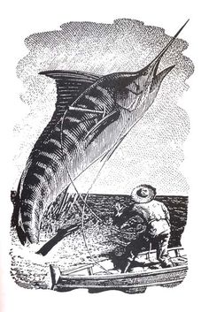 a man standing on top of a boat next to a large fish in the ocean