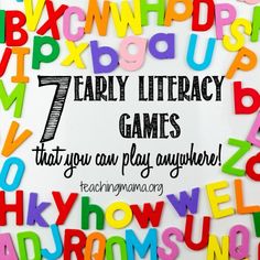 there is a sign with letters and numbers on it that says, 7 early library games that you can play anywhere