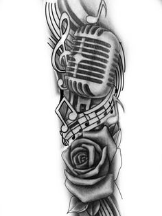 a black and white photo of a microphone with roses on the bottom half sleeve tattoo