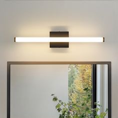 a bathroom mirror with two lights above it and a potted plant on the counter