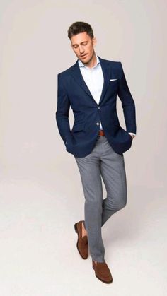 Blue Jacket Outfits Men, Navy Blue Blazer Outfit, Blue Blazer Outfit Men, Navy Blazer Outfits, Blue Blazer Outfit, Blue Blazer Men, Grey Pants Men