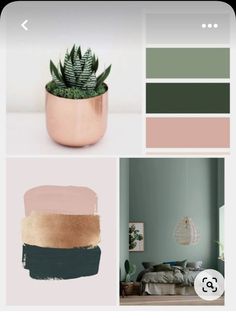 the color scheme is green, pink and gold with some plants in pots on top