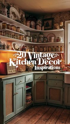 an old fashioned kitchen with green cabinets and wood flooring is featured in the magazine vintages kitchen decor inspirations