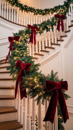 christmas garland and lights on the banister