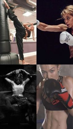 a woman in black and white boxing clothes with her hands on the back of a punching bag