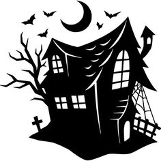 a black and white silhouette of a house with bats flying around it