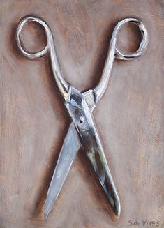 a painting of a pair of scissors on a brown background