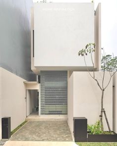 a white building with a tree in front of it