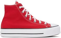 High-top canvas sneakers in red. · Rubber cap toe · Lace-up closure · Logo bonded at inner side · Eyelets vents at inner side · Rubberized logo patch at heel counter · Padded insole · Padded mesh lining · Textured platform midsole · Treaded rubber sole · Contrast stitching in white · Platform: H1.5 Supplier color: Red/White/Black Red Platform Converse, Red And White Sneakers, Red High Top Converse, Red Chucks, Converse Platform, Red High Tops, Chuck Taylor All Star Lift, Red Platform, Converse Red