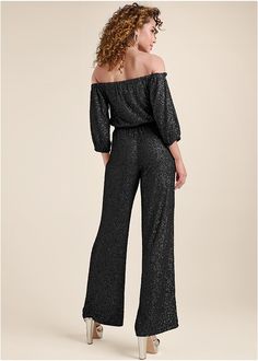 Off the shoulder neckline. gold belt not included. elastic at waist. wide leg bottoms. Statement Skirt, Statement Belt, Sequin Jumpsuit, Work Wear Women, One Piece Suit, Party Tops, Fashion Sale, Online Fashion Stores, Swim Dress