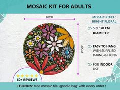 the mosaic kit for adults is shown with instructions