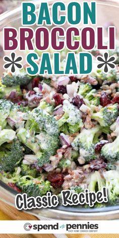 broccoli salad with cranberries and onions in a glass bowl