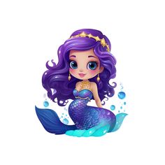 a little mermaid with purple hair and blue eyes sitting on top of a wave in the ocean