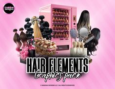 an advertisement for hair and cosmetics products on a pink background with the words hair elements graphics pack