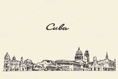 cuba skyline in black and white with the word cuba on it's left side