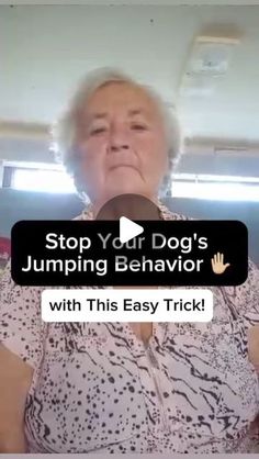 an older woman is talking to someone on her phone while she has the text stop your dog's jumping behavior with this easy trick