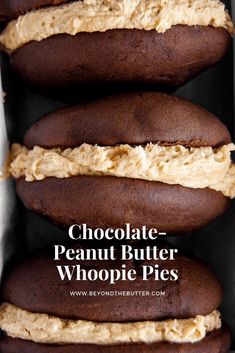 chocolate peanut butter whoopie pies are stacked on top of each other