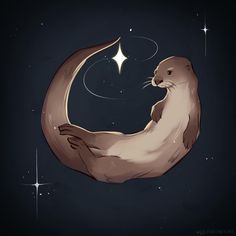 an otter is sitting on the moon with its paw up to it's face