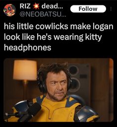 a man wearing headphones with the caption that reads, riz dead @ neobatsu his little cowlicks make logan look like he's wearing kitty headphones