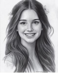 a pencil drawing of a girl with long hair and flowers in her hair, smiling at the camera