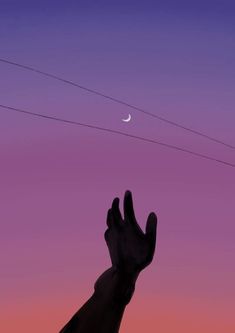 a hand reaching up into the sky to catch a crescent moon in the night sky