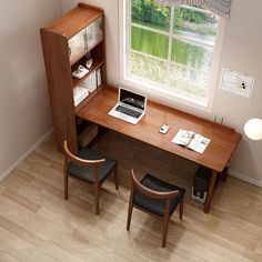 a computer desk sitting under a window next to a book shelf and two chairs on top of a hard wood floor