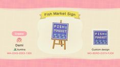 the fish market sign is displayed in front of a pink background with blue and white designs