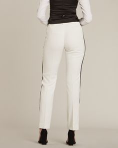 Diamond White & Black Slim Fit Tuxedo Pants - Women’s Tuxedo Suits | girls prom tuxedo | gal tux | Wedding Party, Bridesmaids Contrast Stripes Bottoms For Workwear, Chic Trousers With Contrast Stripes, Chic Pants With Contrast Stripes, Fitted Bottoms With Contrast Color For Spring, Spring Workwear Bottoms With Contrast Trim, Workwear Straight Leg Bottoms With Contrast Trim, Workwear Pants With Contrast Trim, Straight Leg Workwear Bottoms With Contrast Trim, Workwear Bottoms With Contrast Trim