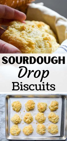 the words sourdough drop biscuits are in front of an image of muffins