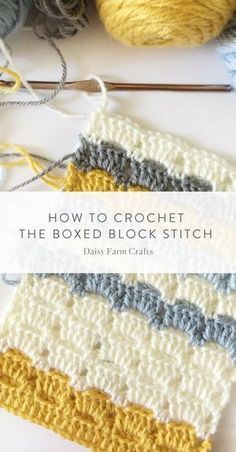 crochet the boxed block stitch book cover with yarn and ball of yarn in background