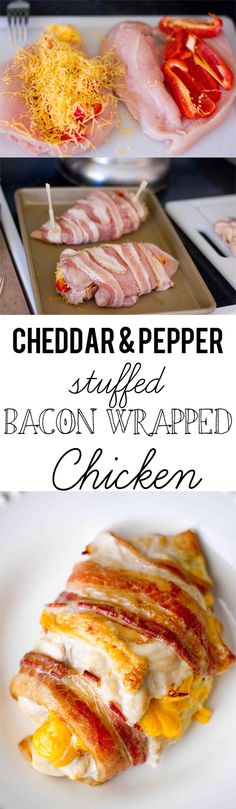 cheddar and pepper stuffed bacon wrapped chicken on a white plate with the words cheddar and pepper stuffed bacon wrapped in strips