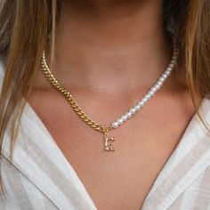 Pearl and Curb Chain Initial Necklace JEWELRY The Sis Kiss 2 Letter, Birthday Wishlist, Letter Pendants, Pearl Chain, Curb Chain, Link Necklace, Initial Necklace, Dream Wardrobe, Pearl Jewelry