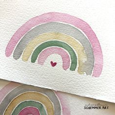 two watercolor paintings of rainbows and hearts on white paper with text overlay