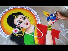 New Ladies with diya in hand rangoli. Diwali special ladies rangoli. full tutorial. - YouTube Diya In Hand, Lady Rangoli, Art For Students, பொங்கல் கோலம், Happy Diwali Rangoli, Diwali Special Rangoli Design, Rangoli Designs For Competition, Rangoli Diwali