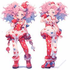 an anime character with pink hair and hearts on her body, standing next to each other