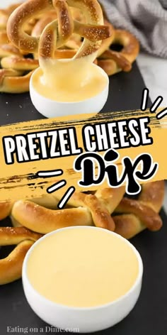 pretzel cheese dip with pretzels in the background and text overlay reading pretzel cheese dip