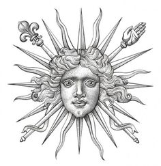 a drawing of the sun with an ornate face and two hands on it's sides